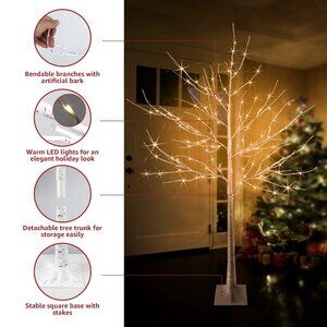 7ft LED Christmas Tree – White Birch with 160 Warm White Bulbs, Easy Assembly